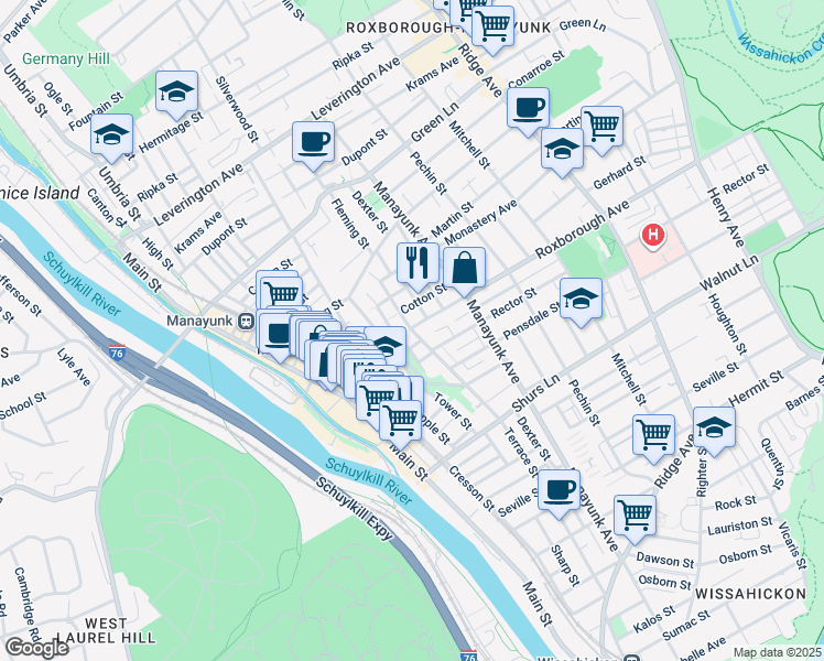 map of restaurants, bars, coffee shops, grocery stores, and more near 4290 Terrace Street in Philadelphia