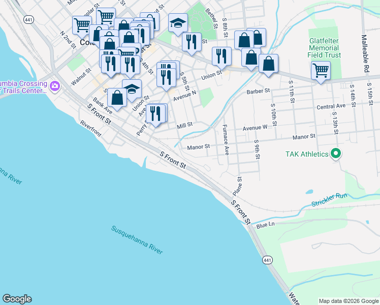 map of restaurants, bars, coffee shops, grocery stores, and more near 475 Pennsylvania 441 in Columbia