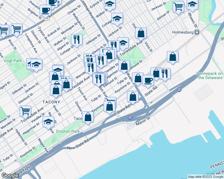 map of restaurants, bars, coffee shops, grocery stores, and more near 7129 Tulip Street in Philadelphia