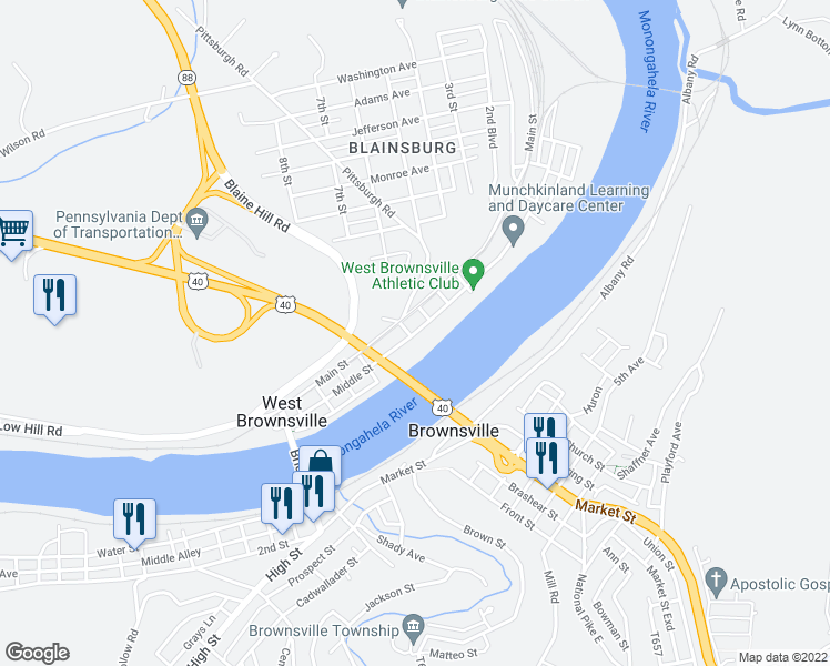 map of restaurants, bars, coffee shops, grocery stores, and more near 306 Middle Street in Brownsville