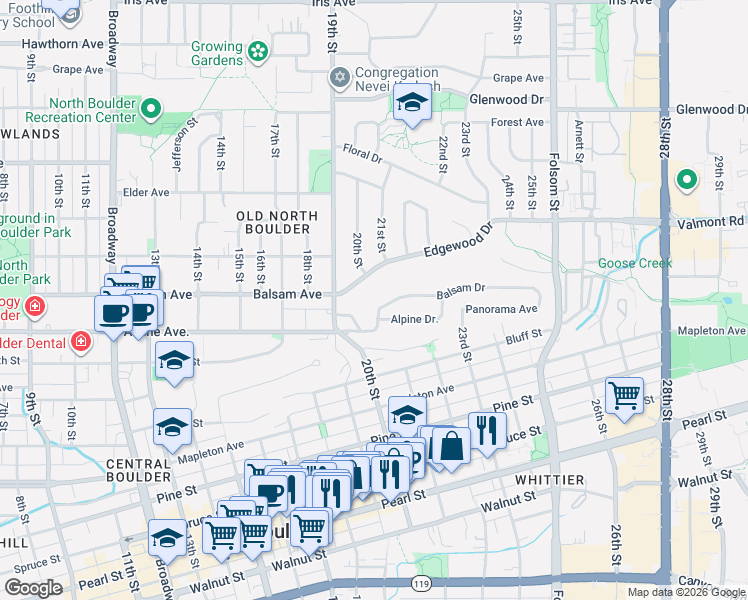 map of restaurants, bars, coffee shops, grocery stores, and more near 1931 Tyler Road in Boulder