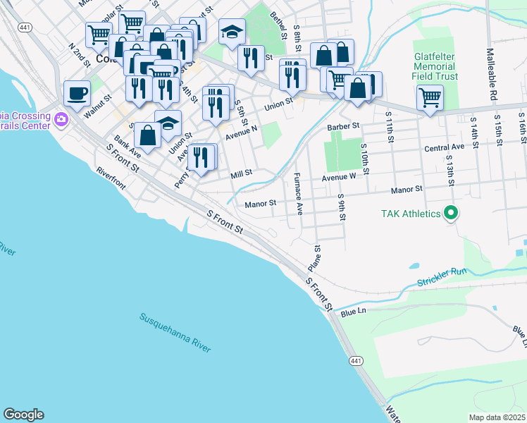 map of restaurants, bars, coffee shops, grocery stores, and more near 448 Manor Street in Columbia