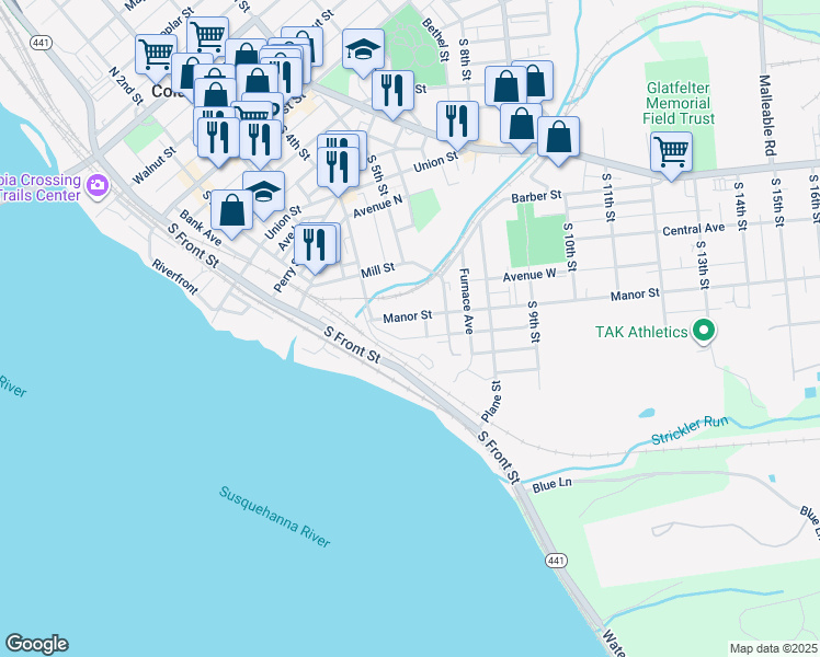 map of restaurants, bars, coffee shops, grocery stores, and more near 446 Manor Street in Columbia