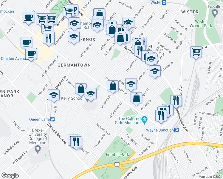 map of restaurants, bars, coffee shops, grocery stores, and more near 5105 Wayne Avenue in Philadelphia