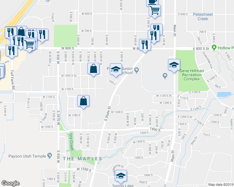 map of restaurants, bars, coffee shops, grocery stores, and more near 528 West 1150 South in Payson