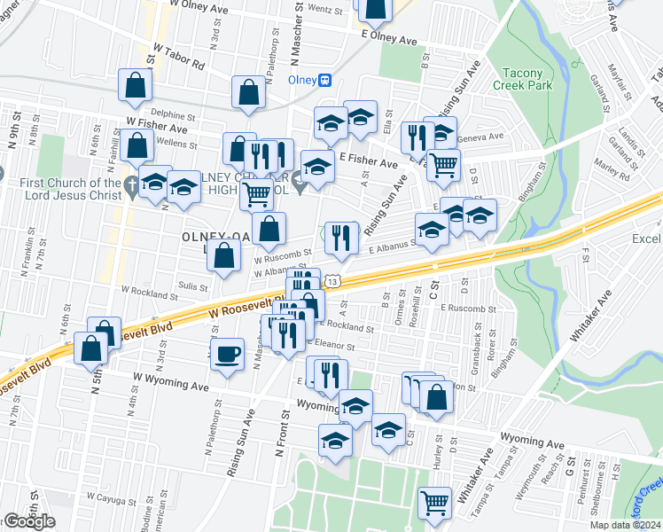 map of restaurants, bars, coffee shops, grocery stores, and more near 134 East Albanus Street in Philadelphia