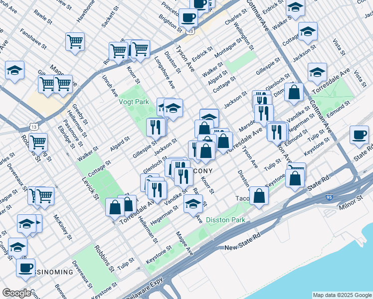 map of restaurants, bars, coffee shops, grocery stores, and more near 4527 Knorr Street in Philadelphia