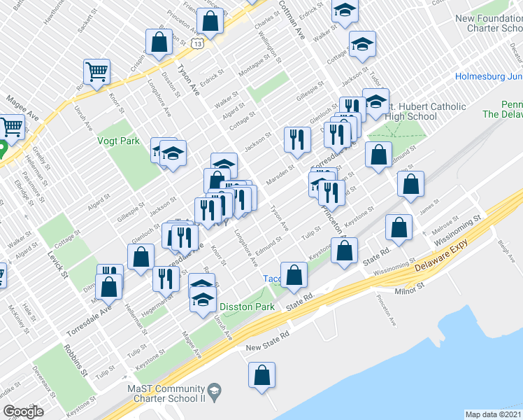 map of restaurants, bars, coffee shops, grocery stores, and more near 6941 Torresdale Avenue in Philadelphia
