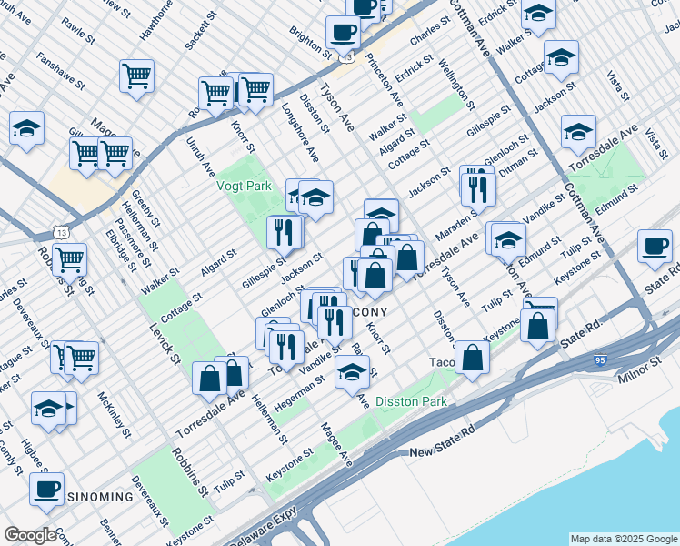 map of restaurants, bars, coffee shops, grocery stores, and more near 4527 Knorr Street in Philadelphia