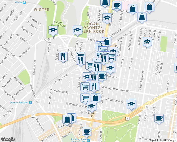 map of restaurants, bars, coffee shops, grocery stores, and more near 1507 West Loudon Street in Philadelphia