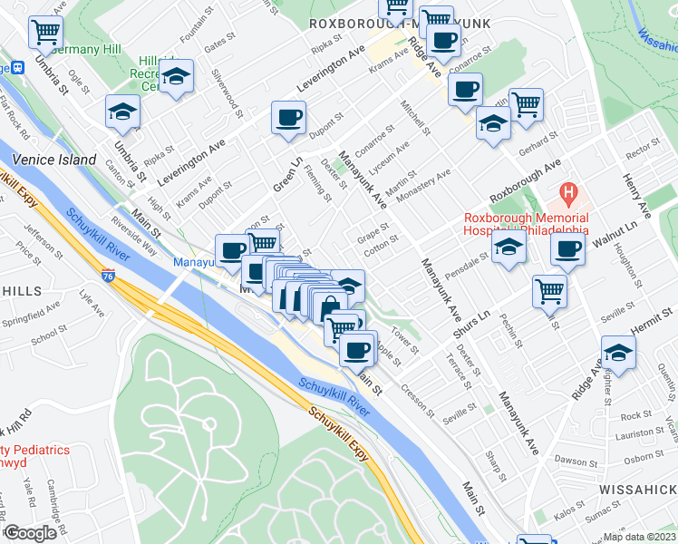 map of restaurants, bars, coffee shops, grocery stores, and more near Cotton Street in Philadelphia