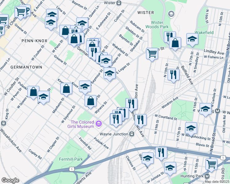 map of restaurants, bars, coffee shops, grocery stores, and more near 39 Wyneva Street in Philadelphia