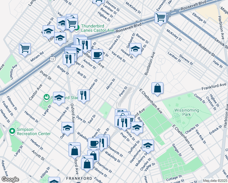 map of restaurants, bars, coffee shops, grocery stores, and more near 1362 Sanger Street in Philadelphia