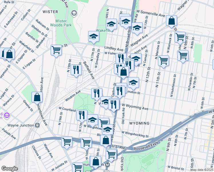 map of restaurants, bars, coffee shops, grocery stores, and more near 1507 West Loudon Street in Philadelphia