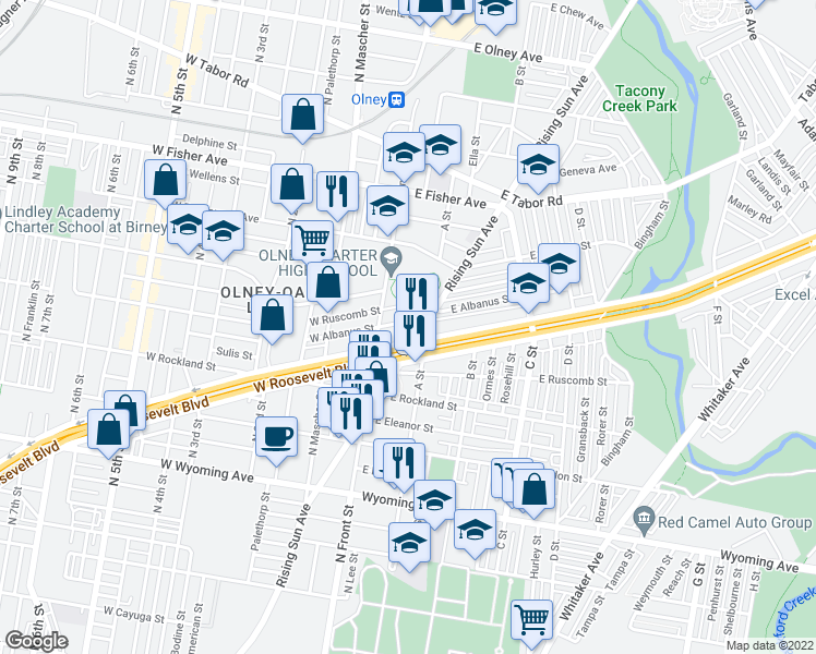 map of restaurants, bars, coffee shops, grocery stores, and more near 138 East Albanus Street in Philadelphia