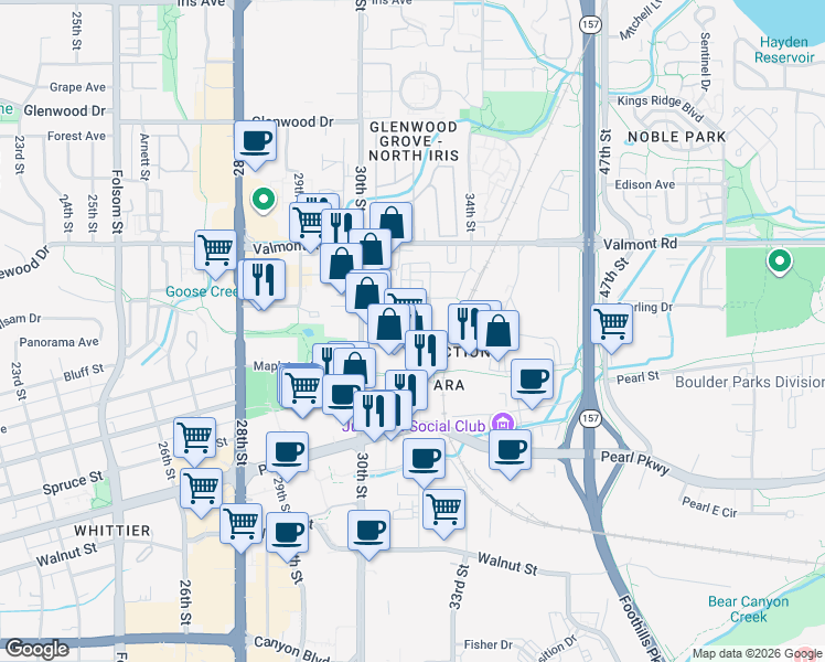 map of restaurants, bars, coffee shops, grocery stores, and more near 3200 Carbon Place in Boulder