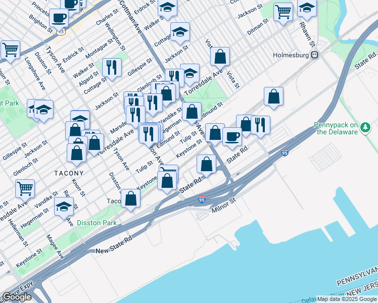 map of restaurants, bars, coffee shops, grocery stores, and more near 4919 National Street in Philadelphia