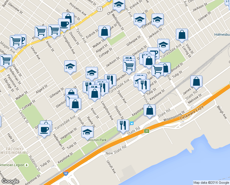 map of restaurants, bars, coffee shops, grocery stores, and more near 6952 Hegerman Street in Philadelphia