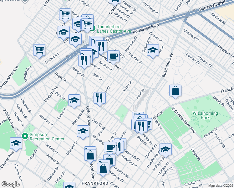 map of restaurants, bars, coffee shops, grocery stores, and more near 5260 Akron Street in Philadelphia