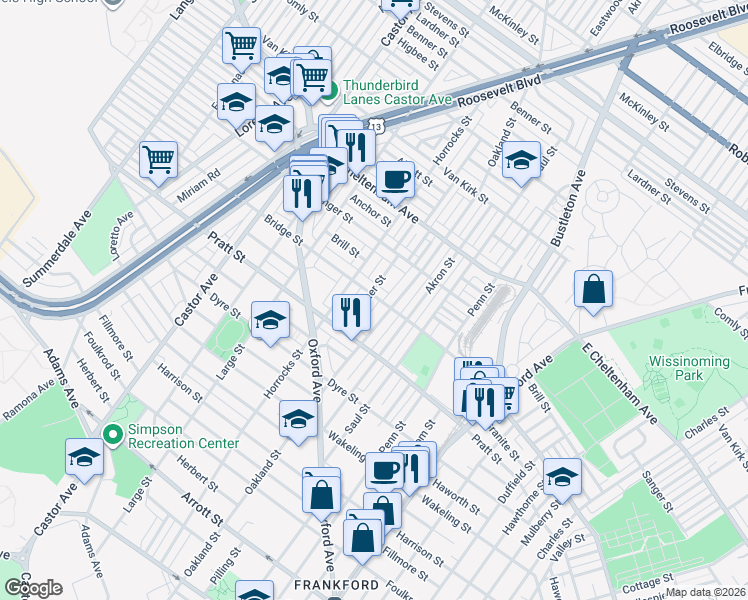 map of restaurants, bars, coffee shops, grocery stores, and more near 5237 Sylvester Street in Philadelphia