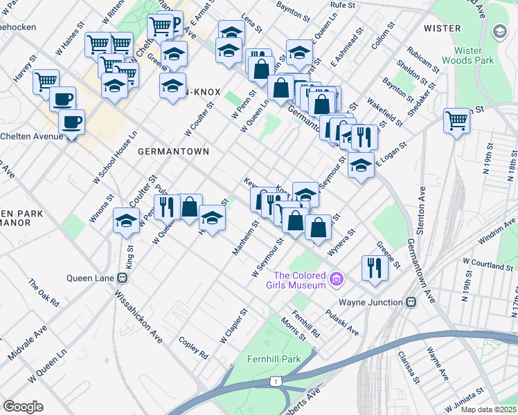 map of restaurants, bars, coffee shops, grocery stores, and more near 5102 Wayne Avenue in Philadelphia