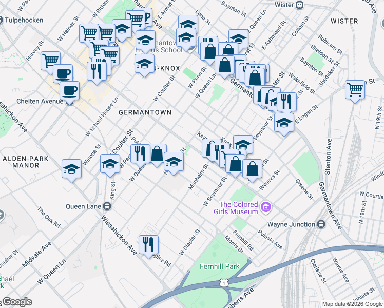 map of restaurants, bars, coffee shops, grocery stores, and more near 5127 Newhall Street in Philadelphia