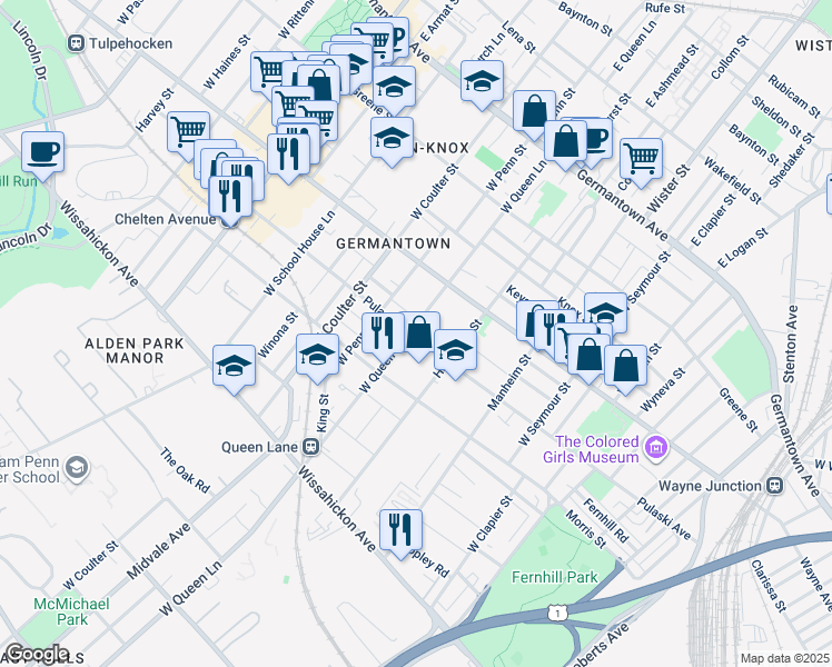 map of restaurants, bars, coffee shops, grocery stores, and more near 262 West Queen Lane in Philadelphia
