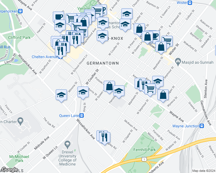 map of restaurants, bars, coffee shops, grocery stores, and more near 314 West Queen Lane in Philadelphia