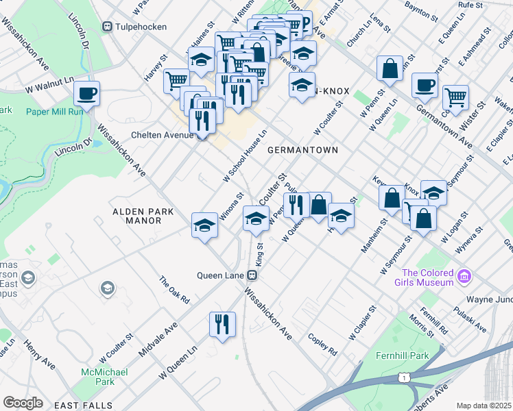 map of restaurants, bars, coffee shops, grocery stores, and more near 419 West Penn Street in Philadelphia