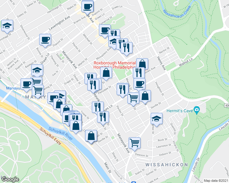 map of restaurants, bars, coffee shops, grocery stores, and more near 410 Shurs Lane in Philadelphia