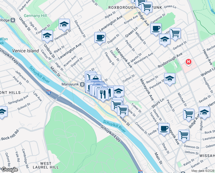 map of restaurants, bars, coffee shops, grocery stores, and more near 120 Cotton Street in Philadelphia