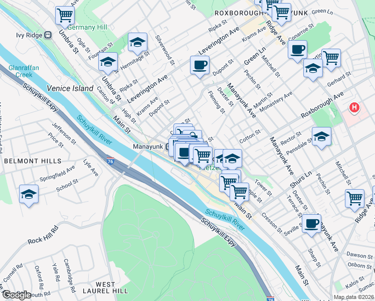 map of restaurants, bars, coffee shops, grocery stores, and more near 4325 Main Street in Philadelphia