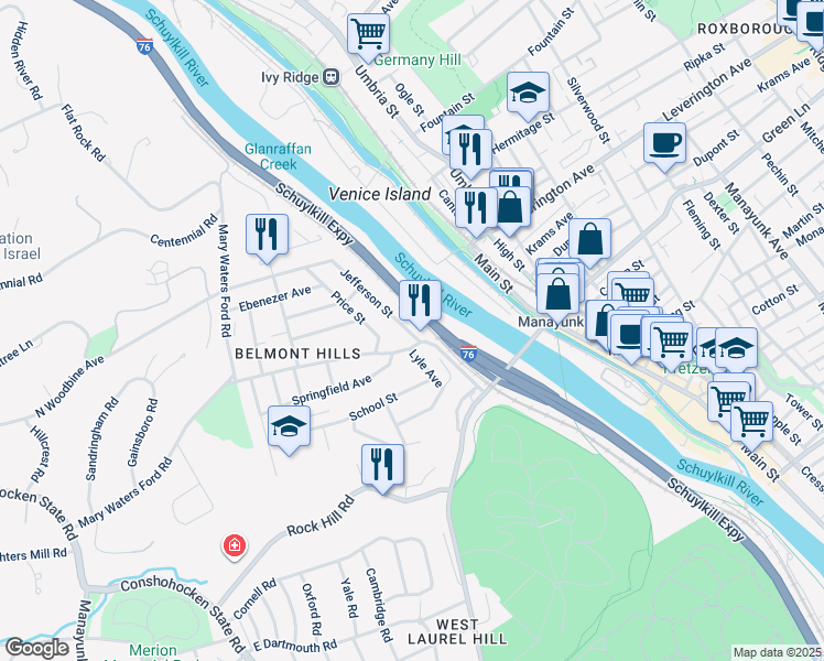 map of restaurants, bars, coffee shops, grocery stores, and more near 50 Ashland Avenue in Bala Cynwyd