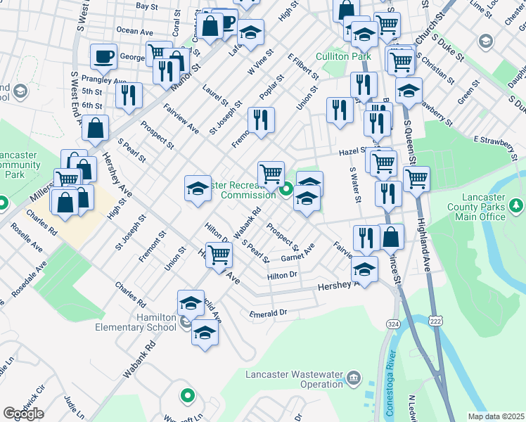 map of restaurants, bars, coffee shops, grocery stores, and more near 838 Wabank Street in Lancaster