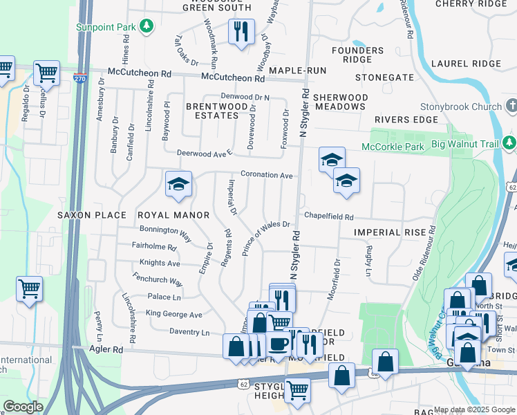 map of restaurants, bars, coffee shops, grocery stores, and more near 282 Imperial Drive in Columbus