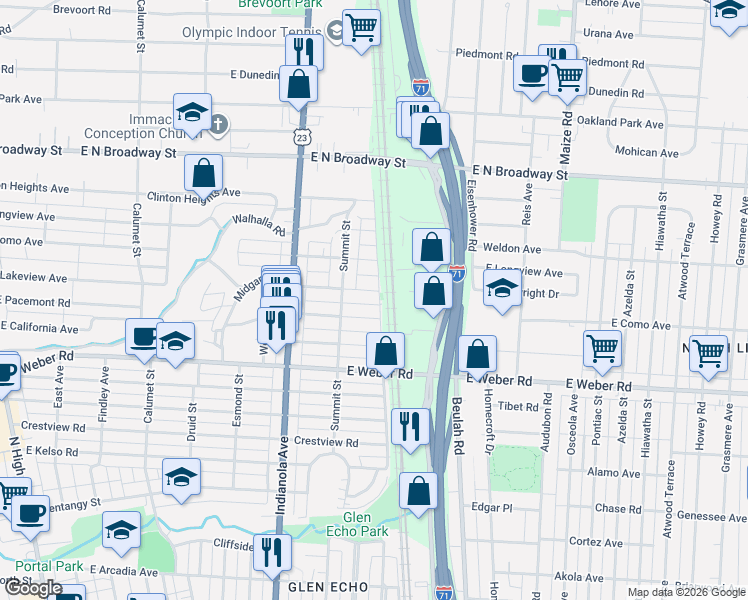 map of restaurants, bars, coffee shops, grocery stores, and more near 592 Milford Avenue in Columbus