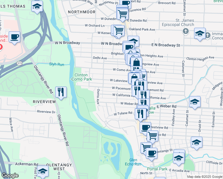 map of restaurants, bars, coffee shops, grocery stores, and more near 161 West California Avenue in Columbus