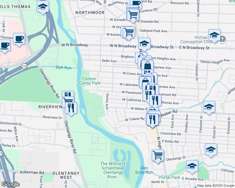 map of restaurants, bars, coffee shops, grocery stores, and more near 161 West California Avenue in Columbus