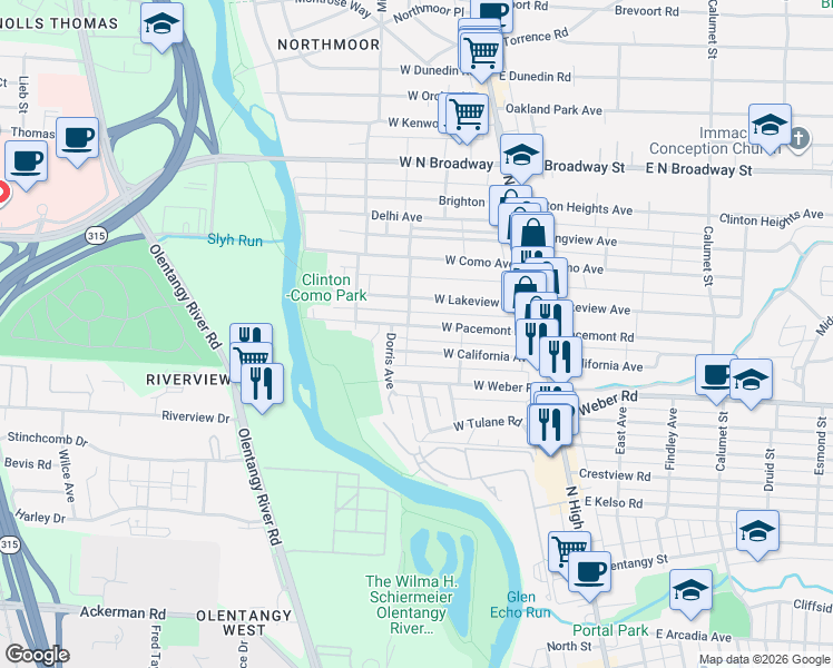map of restaurants, bars, coffee shops, grocery stores, and more near 161 West California Avenue in Columbus