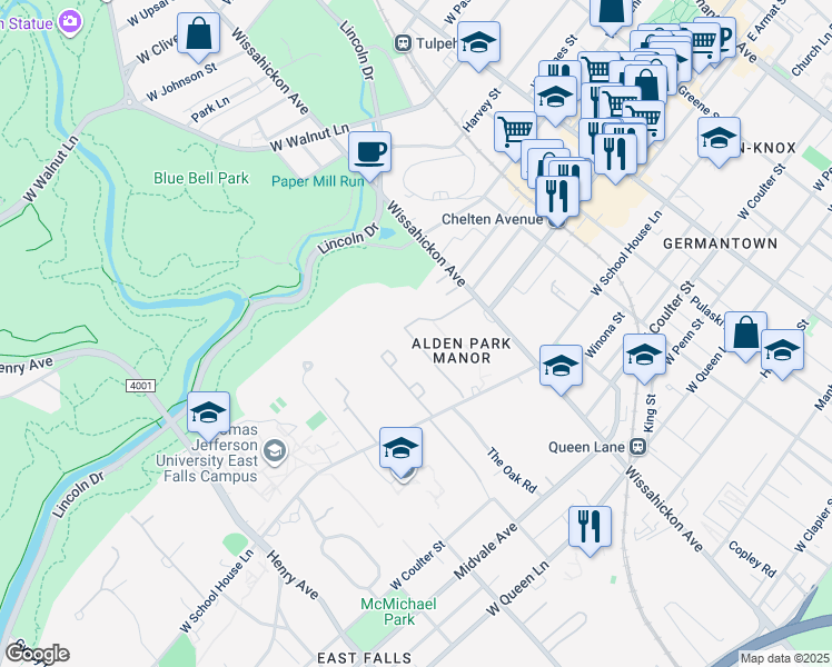map of restaurants, bars, coffee shops, grocery stores, and more near 2951 West School House Lane in Philadelphia