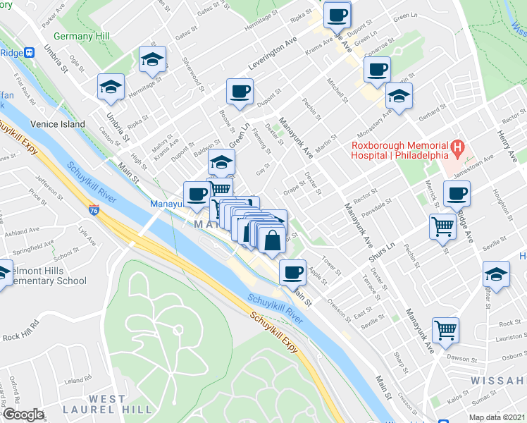 map of restaurants, bars, coffee shops, grocery stores, and more near 175 Grape Street in Philadelphia