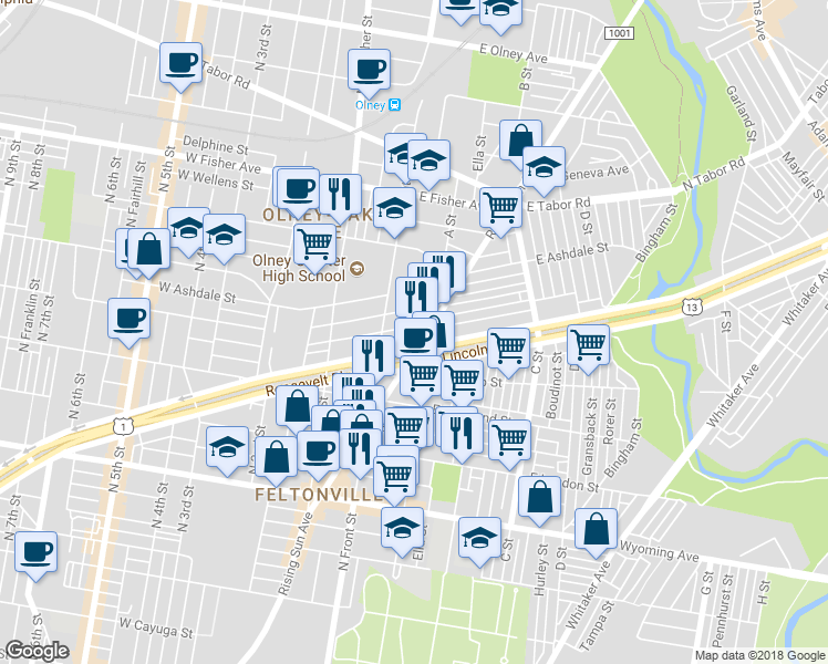 map of restaurants, bars, coffee shops, grocery stores, and more near 142 East Albanus Street in Philadelphia