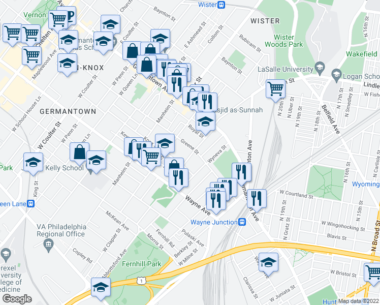 map of restaurants, bars, coffee shops, grocery stores, and more near 109 West Logan Street in Philadelphia