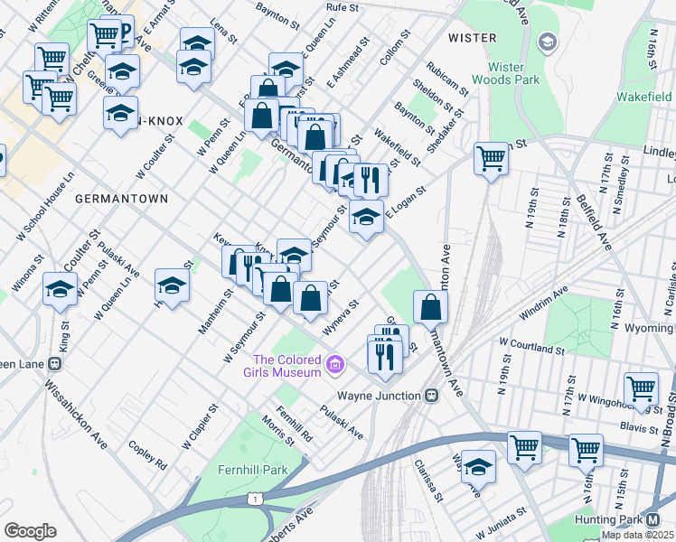 map of restaurants, bars, coffee shops, grocery stores, and more near 109 West Logan Street in Philadelphia