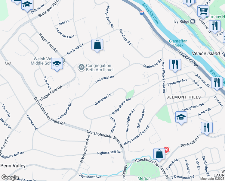 map of restaurants, bars, coffee shops, grocery stores, and more near 1224 Greentree Lane in Penn Valley