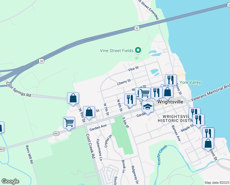 map of restaurants, bars, coffee shops, grocery stores, and more near 600 Walnut Street in Wrightsville