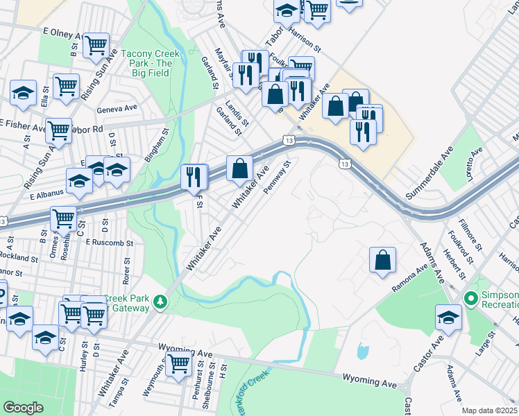 map of restaurants, bars, coffee shops, grocery stores, and more near 5145 Pennway Street in Philadelphia