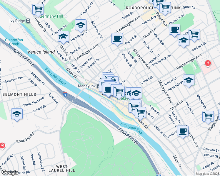 map of restaurants, bars, coffee shops, grocery stores, and more near 124 Levering Street in Philadelphia