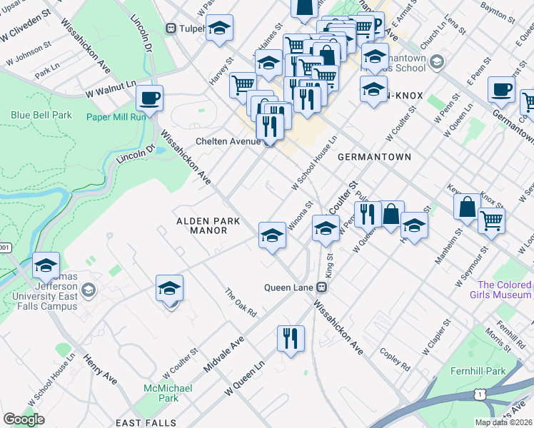 map of restaurants, bars, coffee shops, grocery stores, and more near 445 West School House Lane in Philadelphia