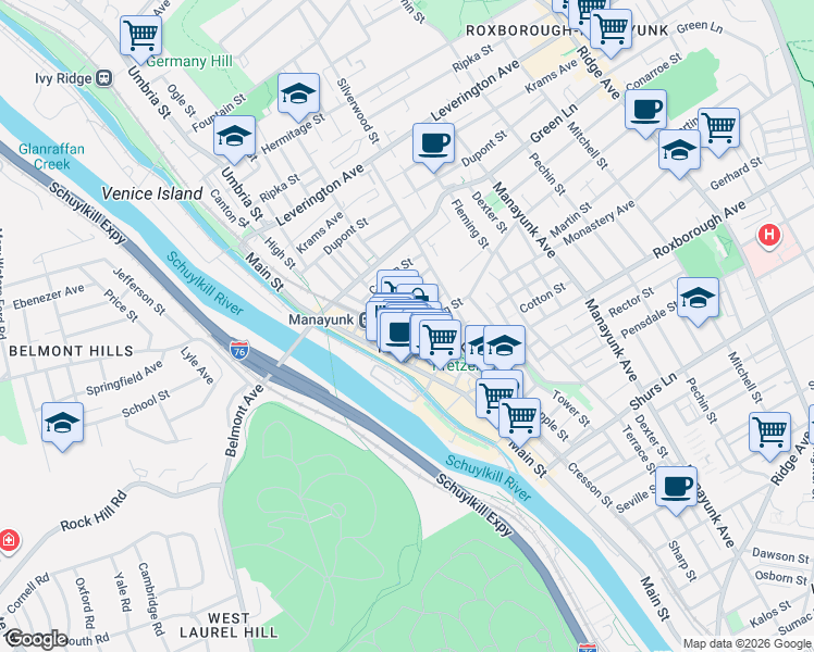 map of restaurants, bars, coffee shops, grocery stores, and more near 4350 Cresson Street in Philadelphia